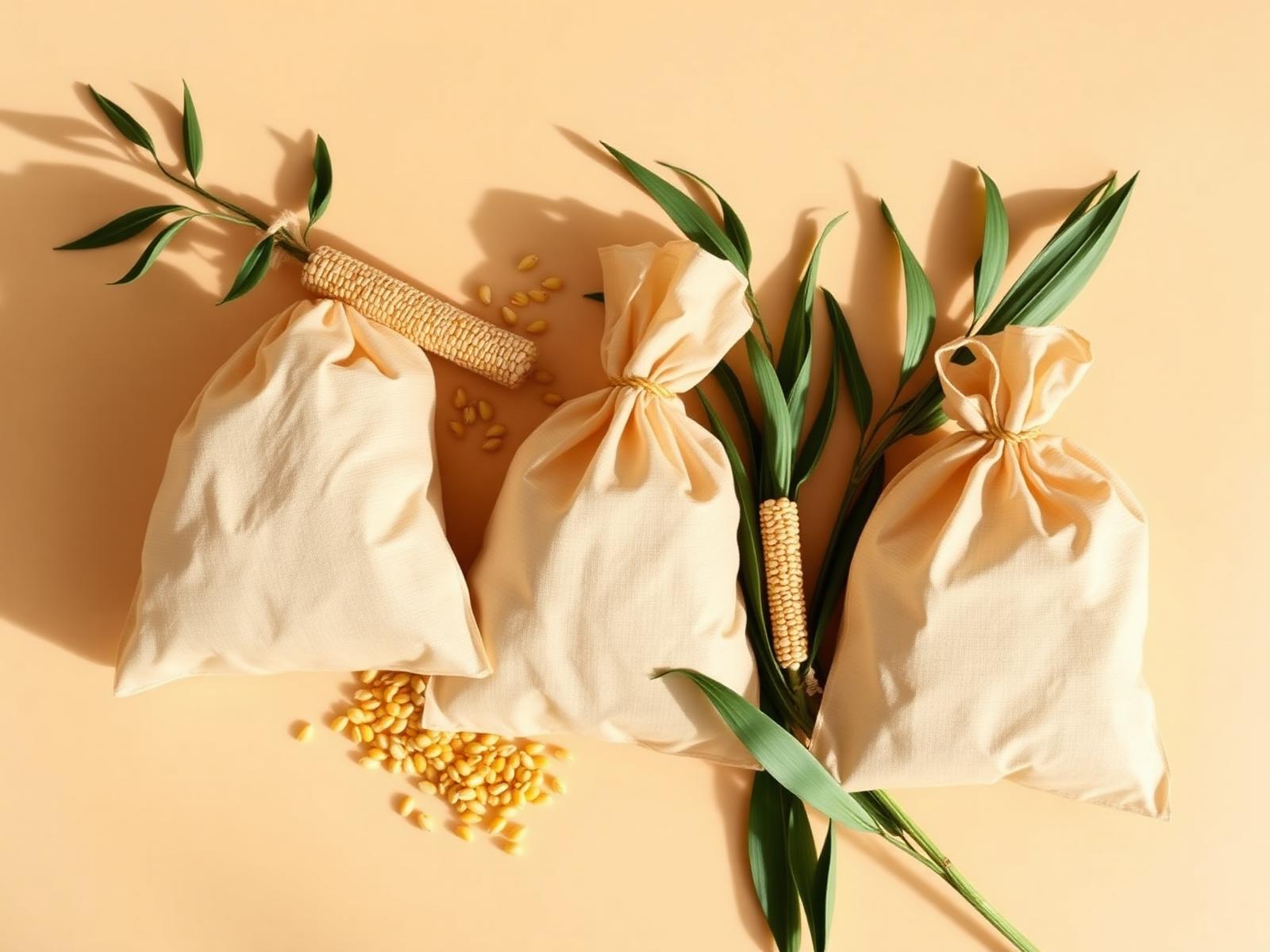 Compostable corn-starch bags with corn kernels and leaves