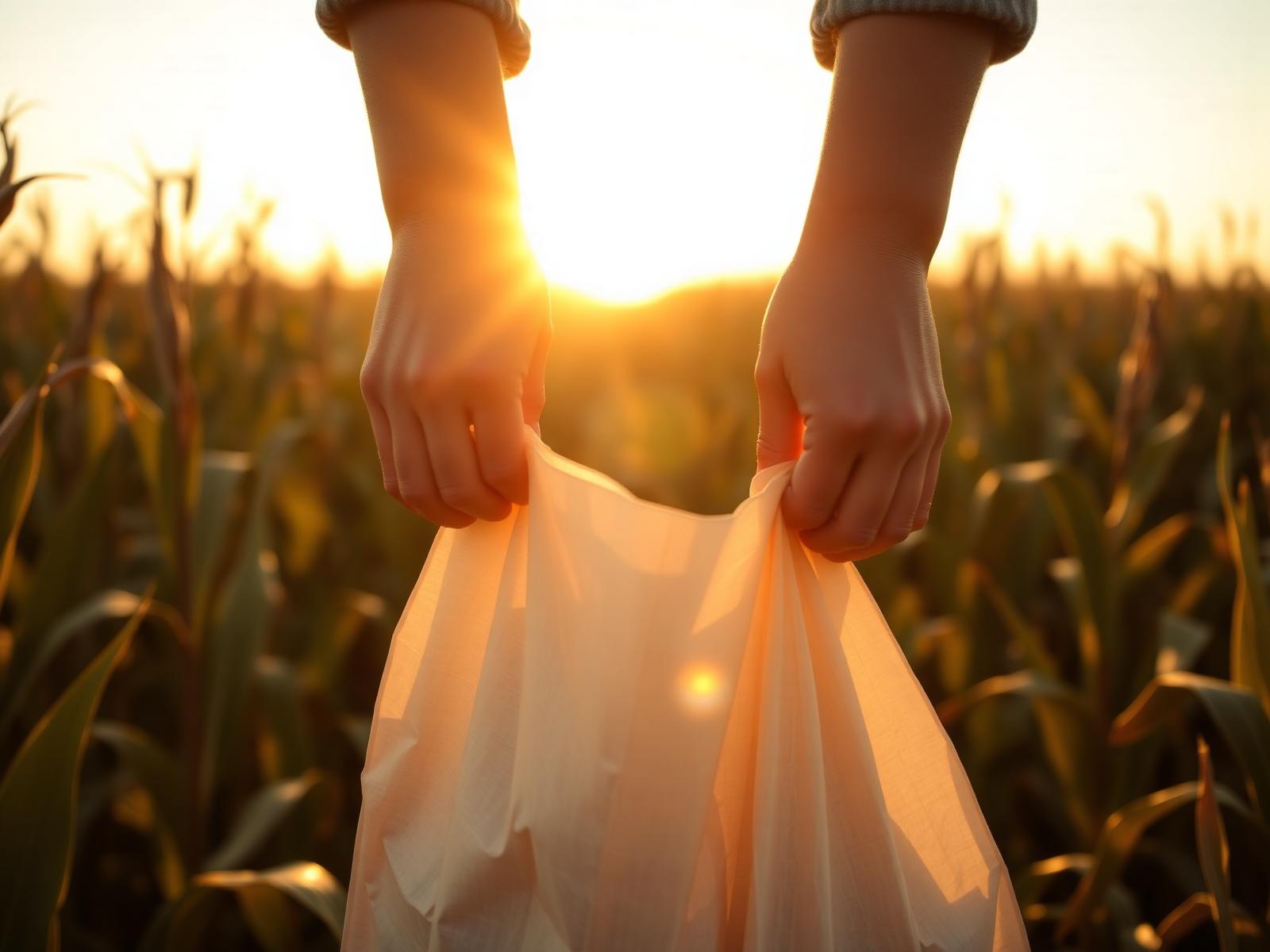 Hands holding a biodegradable bag in a sunlit corn field